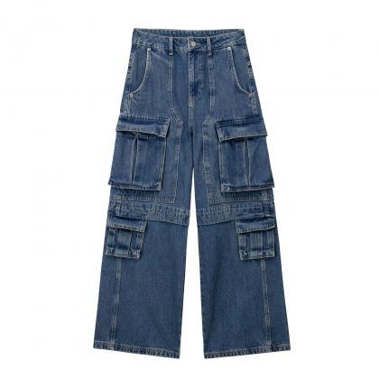 High-waisted Cargo Jeans With Loose Pocket..