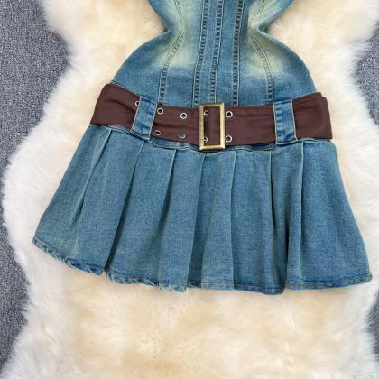 Vintage Style Strapless Denim Dress Pure Waist..