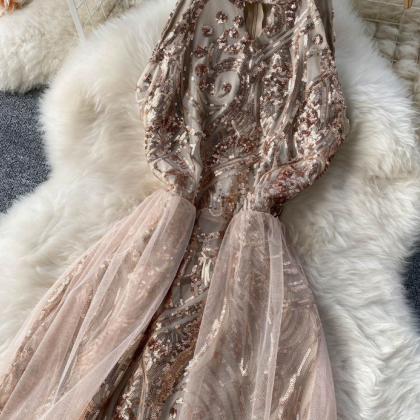 Sequin Dress Gauze Patchwork Design Feel Waist..