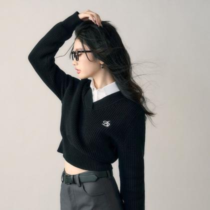 Harajuku Basic Black Cropped Sweater Women Vintage..