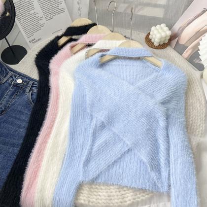 Soft Pastel Knit Sweater With Asymmetrical..