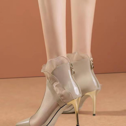 Spring And Summer Lace Pointy Heel Mesh Boots..