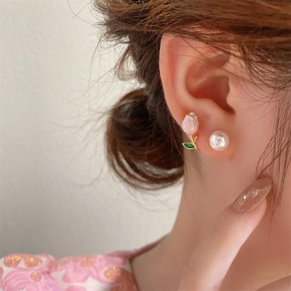 Elegant Korean Tulip Pearl Ear Studs Earrings For..