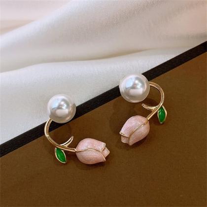 Elegant Korean Tulip Pearl Ear Studs Earrings For..