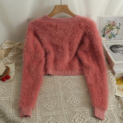 Knitted Crop Chic V Neck Women Casual Korean Style..
