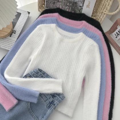 Knitted Sweater Korean Style Women O-neck Fluffy..