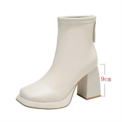 Beige Women Ankle Boots Platform Square High Heel..