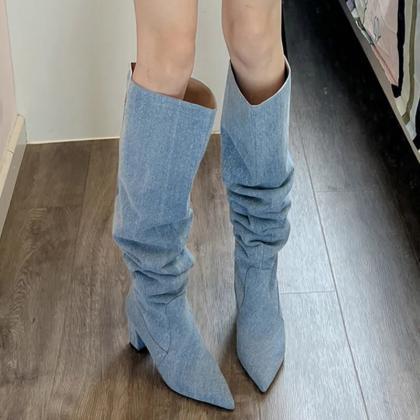 Denim Cowboy Boots For Women Fashion Slip On Long..