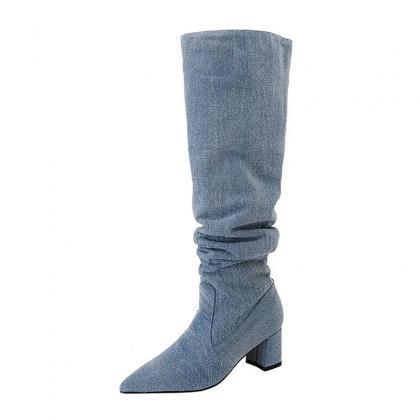 Denim Cowboy Boots For Women Fashion Slip On Long..