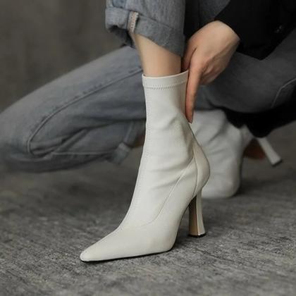 Solid Color Side Zipper High Heel Ankle Boots Thin..