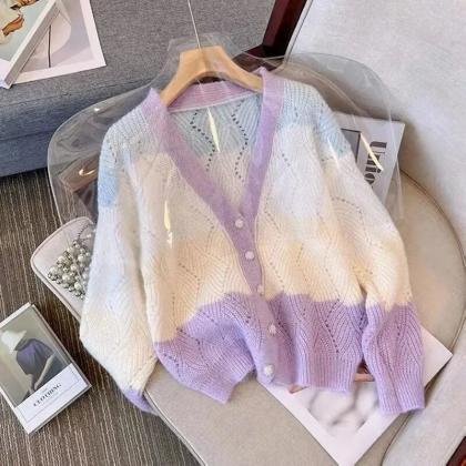 Korean Style Rainbow V-neck Hollow Out Cardigan..