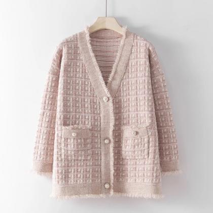 Spring Autumn Plaid Knitted Cardigan Sweater Women..