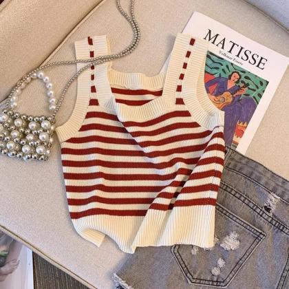 Contrasting Striped Knitted Small Camisole For..