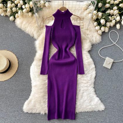Chic Off Shoulder Hollow Long Sleeve Pencil Dress..