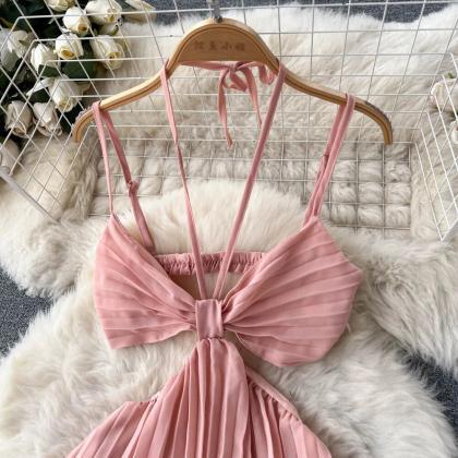 Sexy Halter Backless Cut Out Pleated Tiered Dress..
