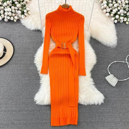 Ins Turtleneck Sexy Wrap Hips Knitted Dresses..