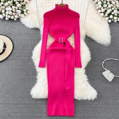 Ins Turtleneck Sexy Wrap Hips Knitted Dresses..