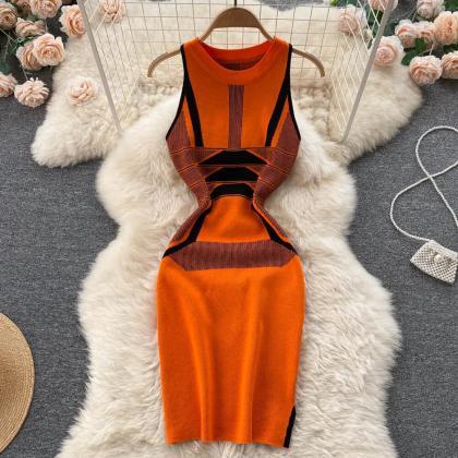 Women Chic Sleeveless Elastic Knit Print Bodycon..