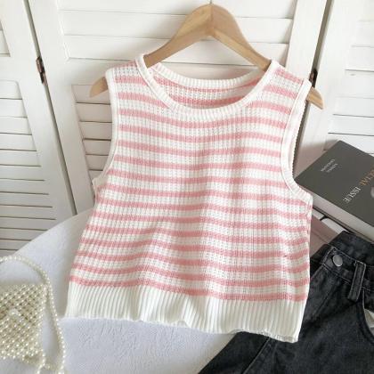 Striped Knitted Loose Tank Tops Woman Round Neck..