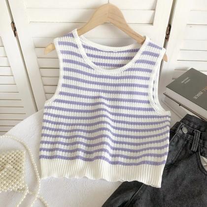 Striped Knitted Loose Tank Tops Woman Round Neck..