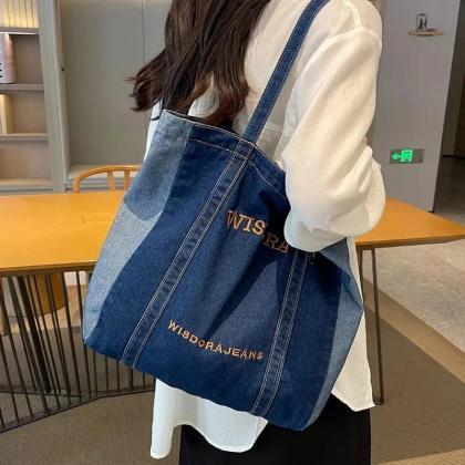 Women Letter Embroidery Jeans Bag Large Capacity..