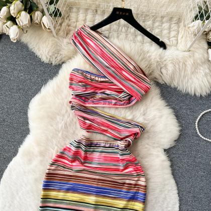 Elegant Hollow Colorful Stripes Split Dress French..