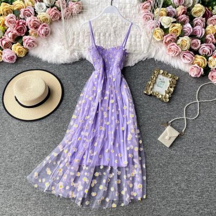 Women Vintage Dress Floral Mesh Dress