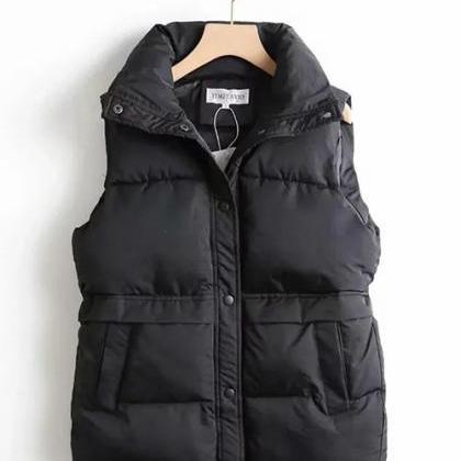 Beige High-collar Quilted Winter Vest