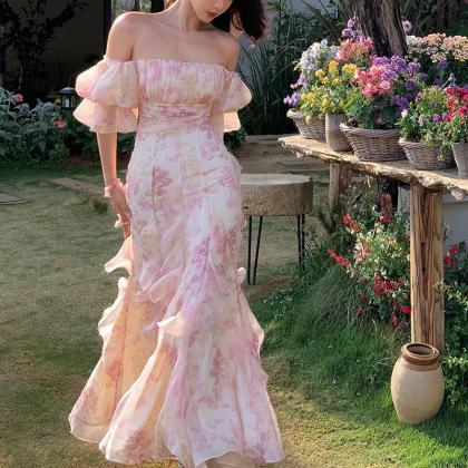 Ethereal Floral Watercolor Off-shoulder Gown