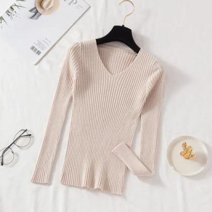 Classic Ribbed Knit V-neck Sweater