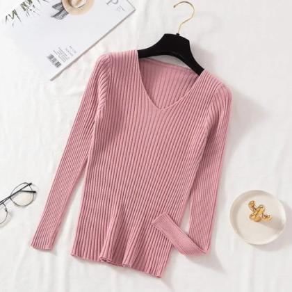 Classic Ribbed Knit V-neck Sweater