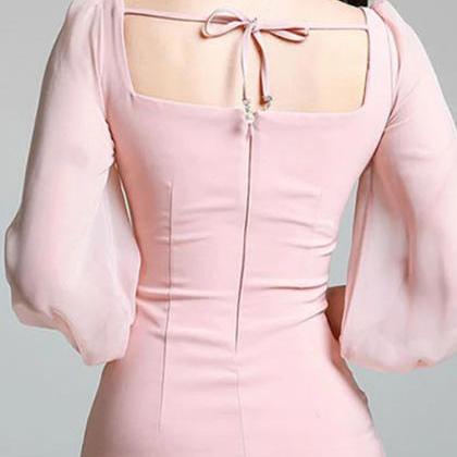 Elegant Pink Square Neckline Midi Dress