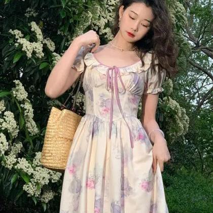 Romantic Pastel Floral Print Puff Sleeve Maxi..