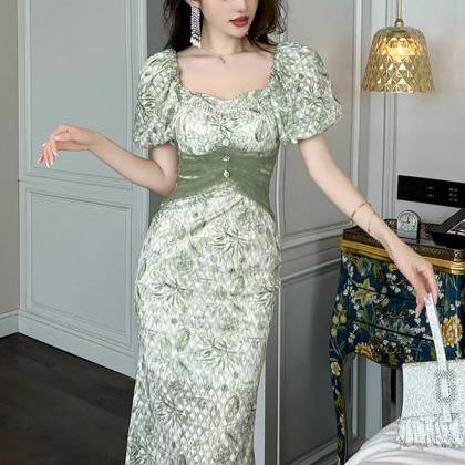 French Sweet Green Midi Dresses For Women Bubble..