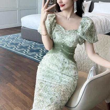 French Sweet Green Midi Dresses For Women Bubble..