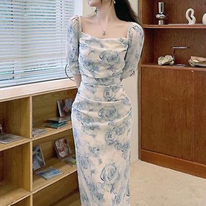 Elegant Puff-sleeve Floral Midi Dress