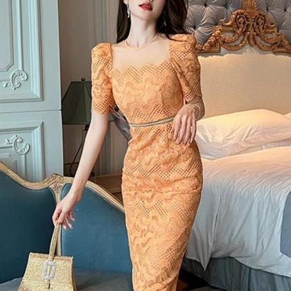 Enchanting Peach Lace Midi Dress With Puff Sleeves