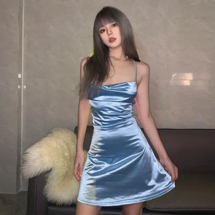 Silky Blue Satin Spaghetti Strap Slip Dress
