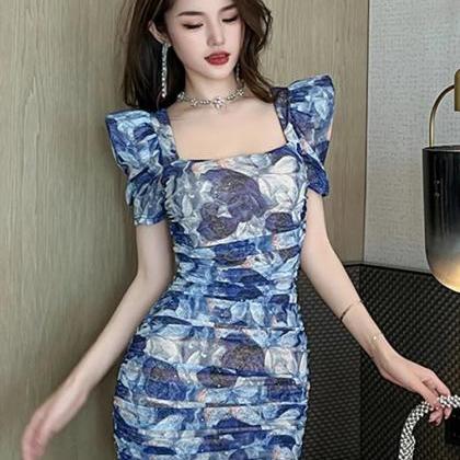 Elegant Blue Floral Print Ruched Mini Dress With..