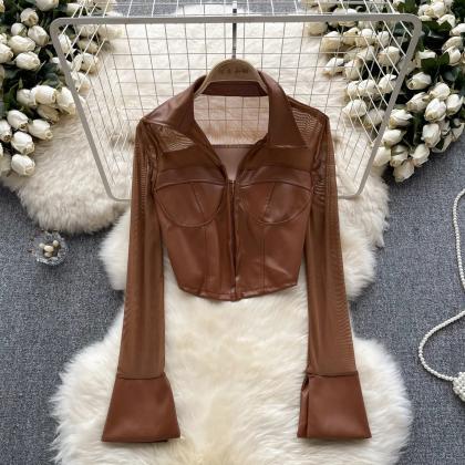Brown Faux Leather Cropped Jacket Women Top