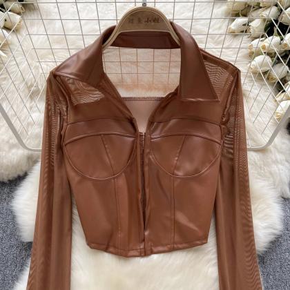 Brown Faux Leather Cropped Jacket Women Top