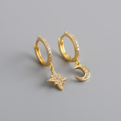 Diamond-encrusted Zircon Star Moon Earrings Star..