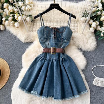 Denim Corset Dress With Flared Skirt And Belt