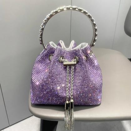 FEATHER RHINESTONE BUCKET BAG IN BLUE