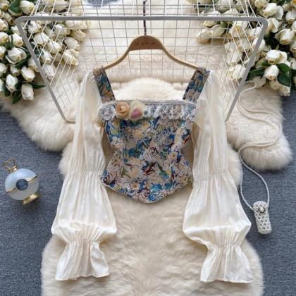 Vintage Floral Tapestry Corset Top With Billowy..