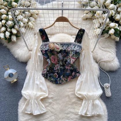 Vintage Floral Tapestry Corset Top With Billowy..