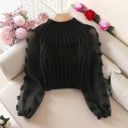 Floral Appliqué Tulle Sleeve Knit Sweater
