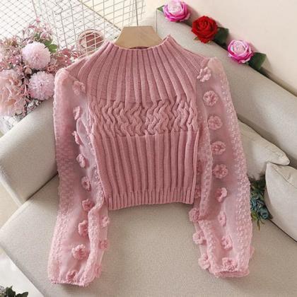 Floral Appliqué Tulle Sleeve Knit Sweater