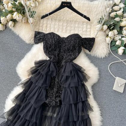 Black Tiered Tulle Sequin Party Dress