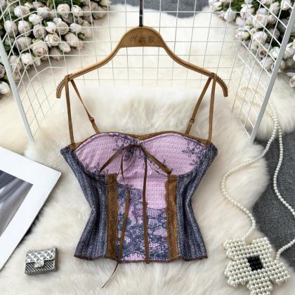 Vintage-inspired Denim And Lace Corset Top
